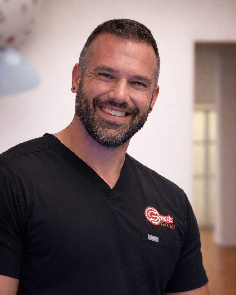 Don Harris, founder of My Clinic Engine, in Genesis Red Light scrubs